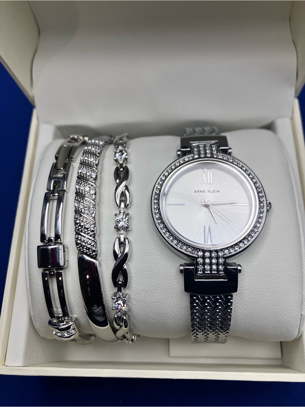 Anne Klein Silver Crystal Accent Women's Watch and Bracelet Set